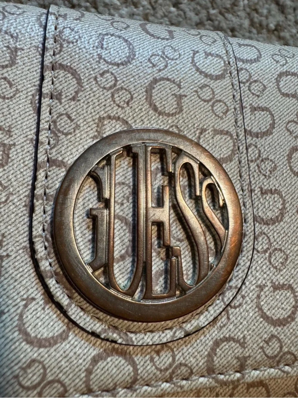 Guess Beige Monogram Fold-Over Wallet with Gold Logo